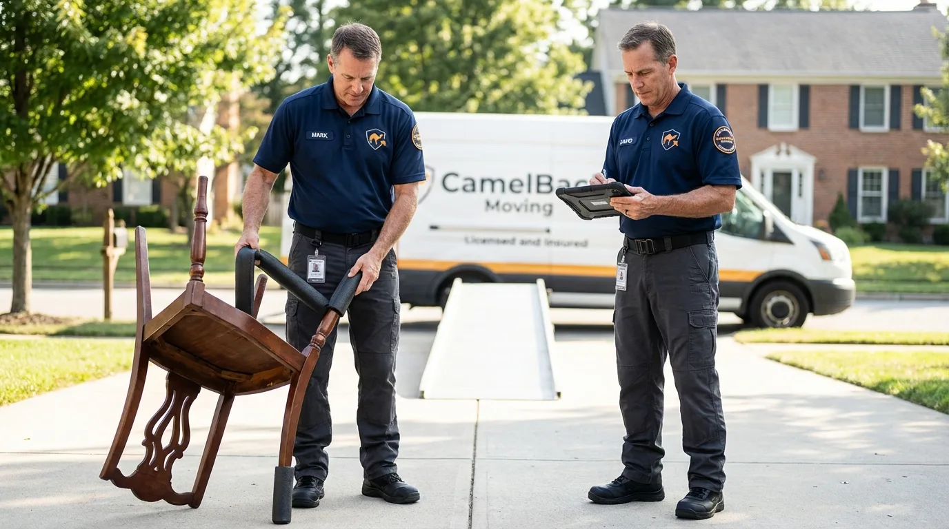 Movers inspecting furniture for damage prevention before loading in Ackley, IA