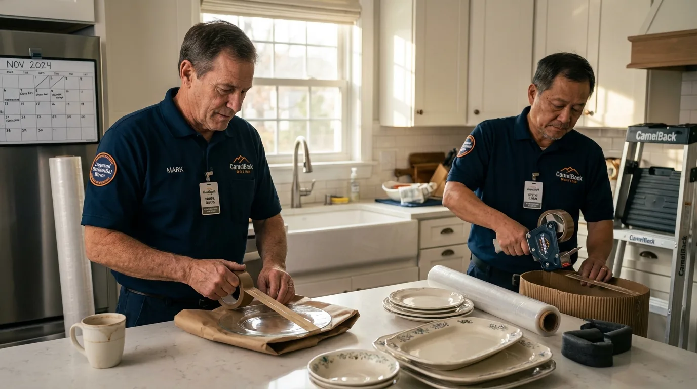 Professional crew packing kitchen dishware in Ackley, IA